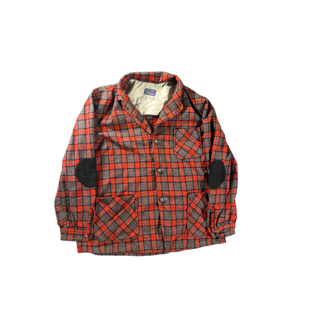 Vintage 50s Pendleton Topster Plaid Wool Jacket Red Grey Elbow Patches Mens L